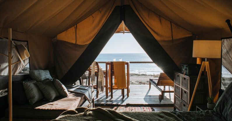 Bedroom Environment - Cozy tent with bed and terrace on beach